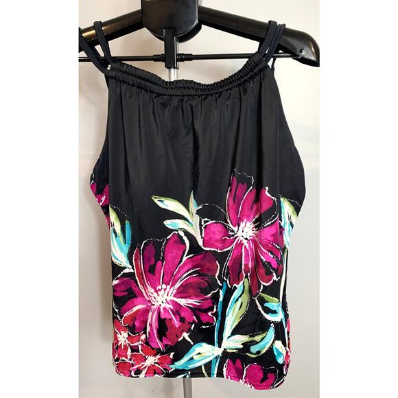 Maxine of Hollywood 16 Halter Tankini top Black with Tropical Flowers - Picture 1 of 8